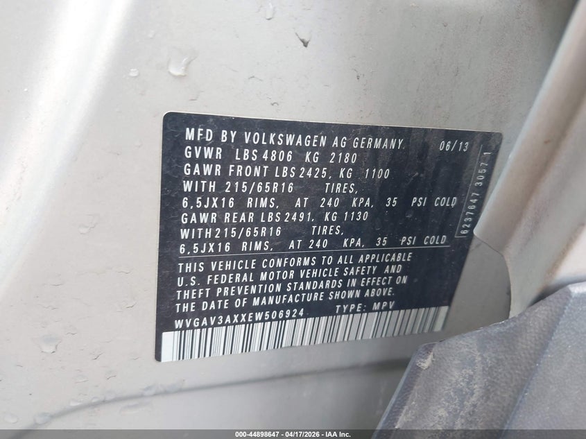 2014 Volkswagen Tiguan VIN WVGAV3AXXEW506924 IAAI salvage auction — LEFT SIDE, Salvage Title, sold $450 on 2026-07-16 (photo 9)