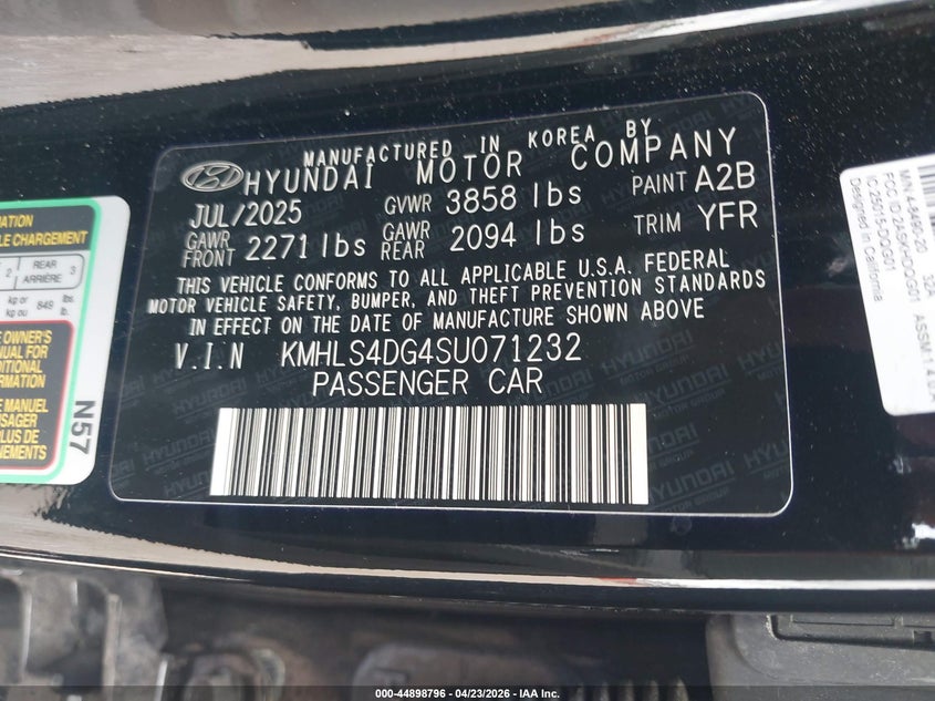2025 Hyundai Elantra VIN KMHLS4DG4SU071232 IAAI salvage auction — FRONT END, Original (Texas), sold $10,500 on 2026-07-17 (photo 9)