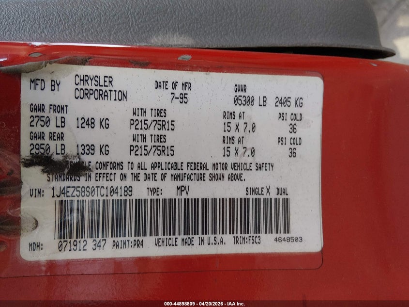 1996 Jeep Grand cherokee VIN 1J4EZ58S0TC104189 IAAI salvage auction — FRONT END, Salvage (Utah), sold $275 on 2026-07-09 (photo 9)