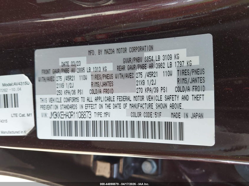 2024 Mazda Cx-90 VIN JM3KKEHA0R1108873 IAAI salvage auction — REAR END, Wait Title, sold $13,700 on 2026-07-29 (photo 9)