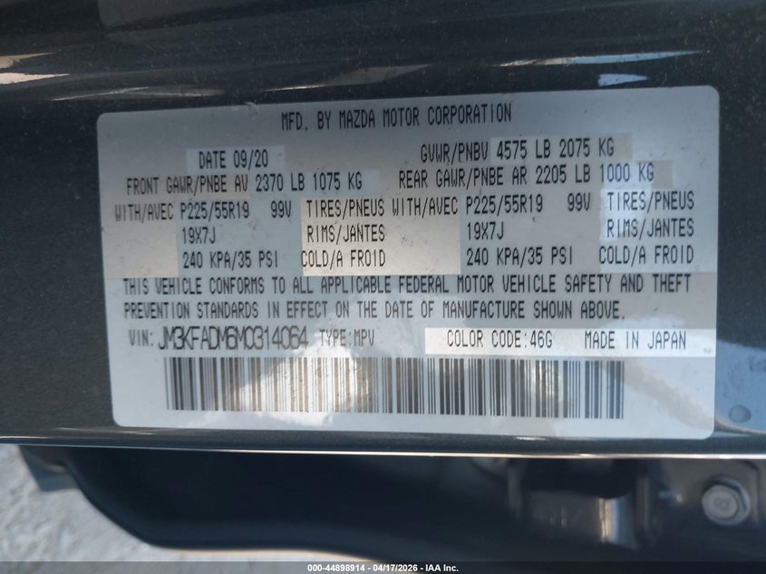2021 Mazda Cx-5 VIN JM3KFADM6M0314064 IAAI salvage auction — REAR END, Wait Title, sold $6,000 on 2026-07-24 (photo 9)