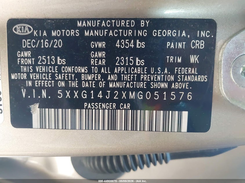 2021 Kia K5 VIN 5XXG14J2XMG051576 IAAI salvage auction — RIGHT SIDE, Salvage (Pennsylvania), sold $2,800 on 2026-07-07 (photo 9)