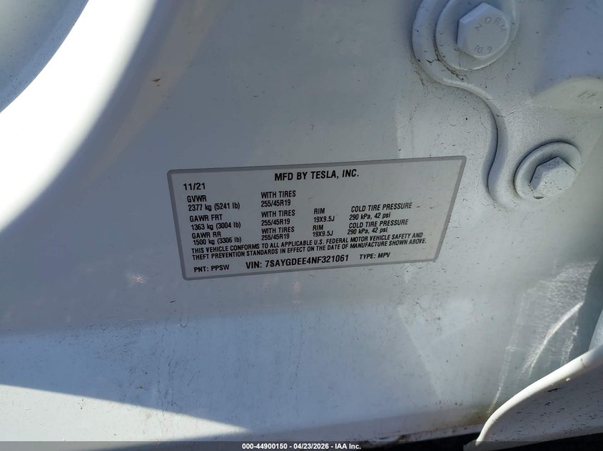 2022 Tesla Model y VIN 7SAYGDEE4NF321061 IAAI salvage auction — FRONT END, Salvage (New Jersey), sold $7,300 on 2026-07-30 (photo 9)