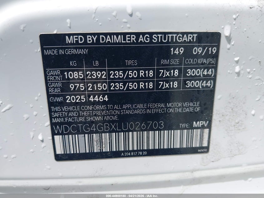 2020 Mercedes-benz Gla-klasse VIN WDCTG4GBXLU026703 IAAI salvage auction — FRONT END, Salvage - 75% Or Less (Maryland), sold $4,350 on 2026-07-08 (photo 9)