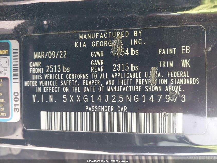 2022 Kia K5 VIN 5XXG14J25NG147973 IAAI salvage auction — REAR END, Salvage Title, sold $1,950 on 2026-07-09 (photo 9)