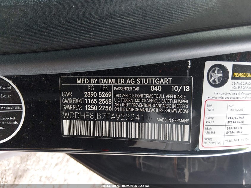 2014 Mercedes-benz E-klasse VIN WDDHF8JB7EA922241 IAAI salvage auction — UNKNOWN, Clear (Michigan), sold $2,050 on 2026-07-09 (photo 9)