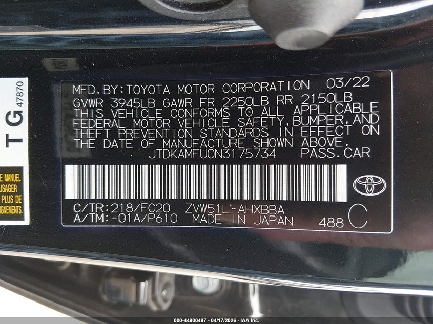 2022 Toyota Prius VIN JTDKAMFU0N3175734 IAAI salvage auction — FRONT END, Original (Texas), sold $6,050 on 2026-07-07 (photo 9)