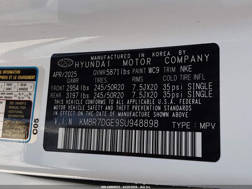 2025 Hyundai Palisade VIN KM8R7DGE9SU948898 IAAI salvage auction — RIGHT SIDE, Clear (Oklahoma), sold $20,600 on 2026-07-07 (photo 9)
