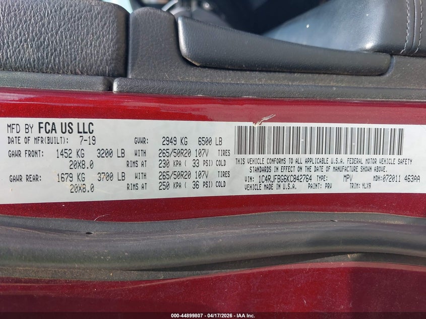 2019 Jeep Grand cherokee VIN 1C4RJFBG6KC842764 IAAI salvage auction — LEFT SIDE, Wait Title, sold $7,300 on 2026-07-31 (photo 9)