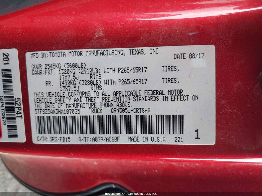 2017 Toyota Tacoma VIN 5TFSZ5AN3HX107035 IAAI salvage auction — FRONT END, Wait Title, sold $3,500 on 2026-08-02 (photo 9)