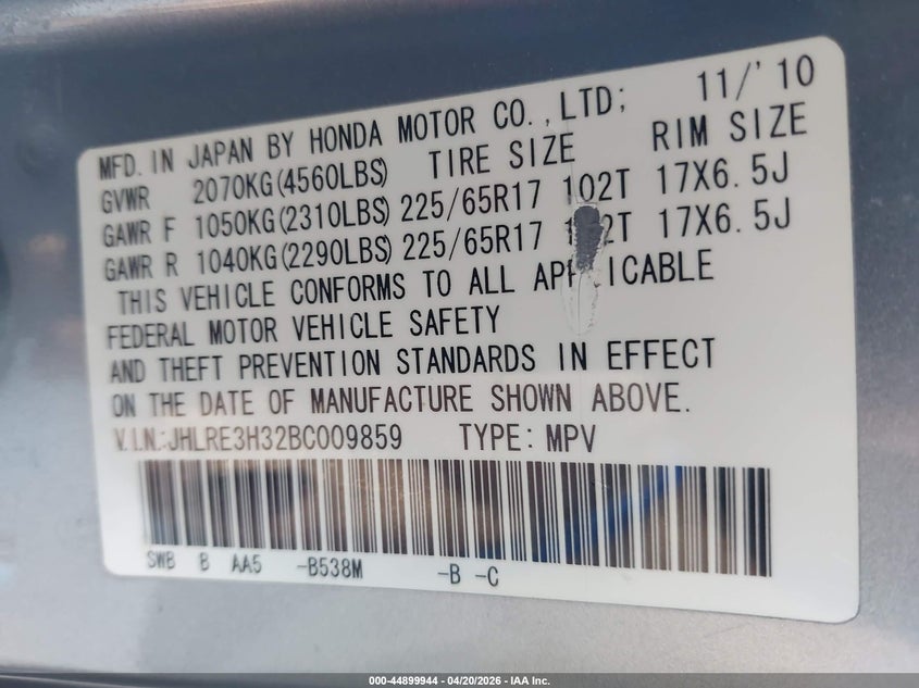 2011 Honda Cr-v VIN JHLRE3H32BC009859 IAAI salvage auction — FRONT END, Original (Texas), sold $2,100 on 2026-07-07 (photo 9)