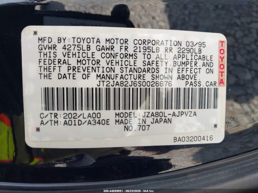 1995 Toyota Supra VIN JT2JA82J6S0028676 IAAI salvage auction — LEFT FRONT, Bill Of Sale (Washington), sold $81,200 on 2026-08-05 (photo 9)