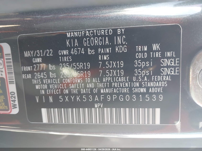 2023 Kia Sportage VIN 5XYK53AF9PG031539 IAAI salvage auction — REAR END, Salvage Title, sold $8,600 on 2026-07-14 (photo 9)