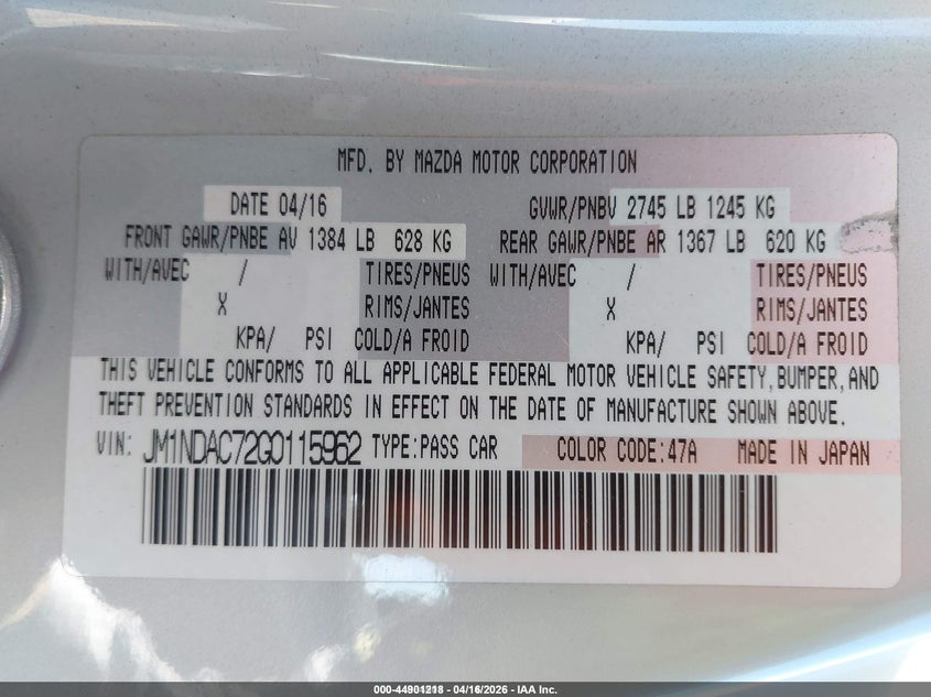 2016 Mazda Mx-5 VIN JM1NDAC72G0115962 IAAI salvage auction — FRONT END, Salvage Title, sold $425 on 2026-07-28 (photo 9)
