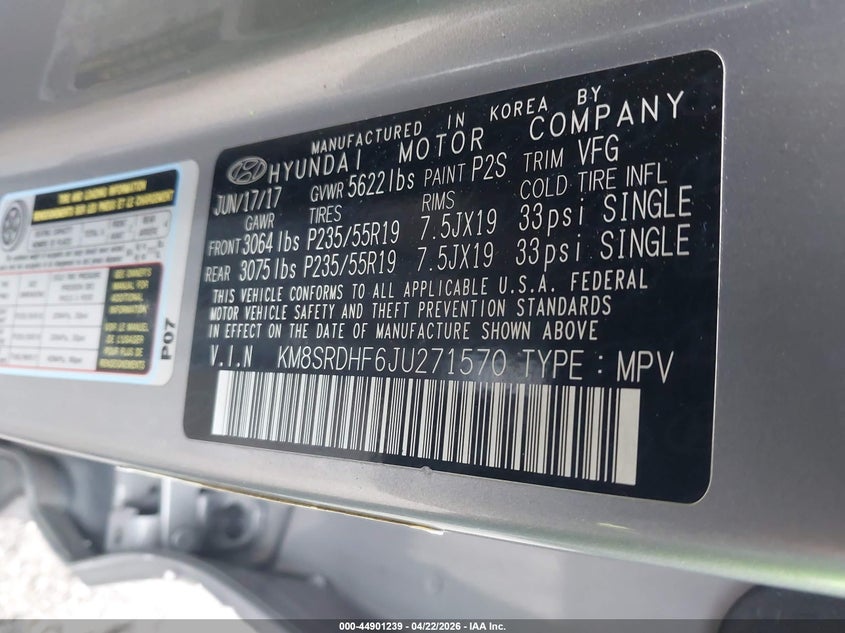 2018 Hyundai Santa fe VIN KM8SRDHF6JU271570 IAAI salvage auction — LEFT SIDE, Salvage Title, sold $5,150 on 2026-07-17 (photo 9)