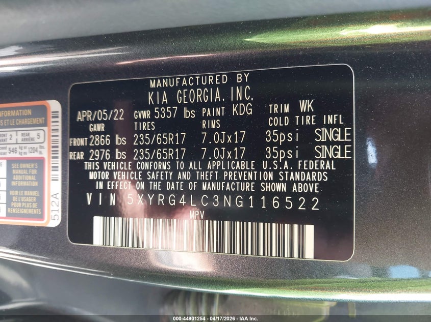 2022 Kia Sorento VIN 5XYRG4LC3NG116522 IAAI salvage auction — FRONT END, Wait Title, sold $5,150 on 2026-07-23 (photo 9)