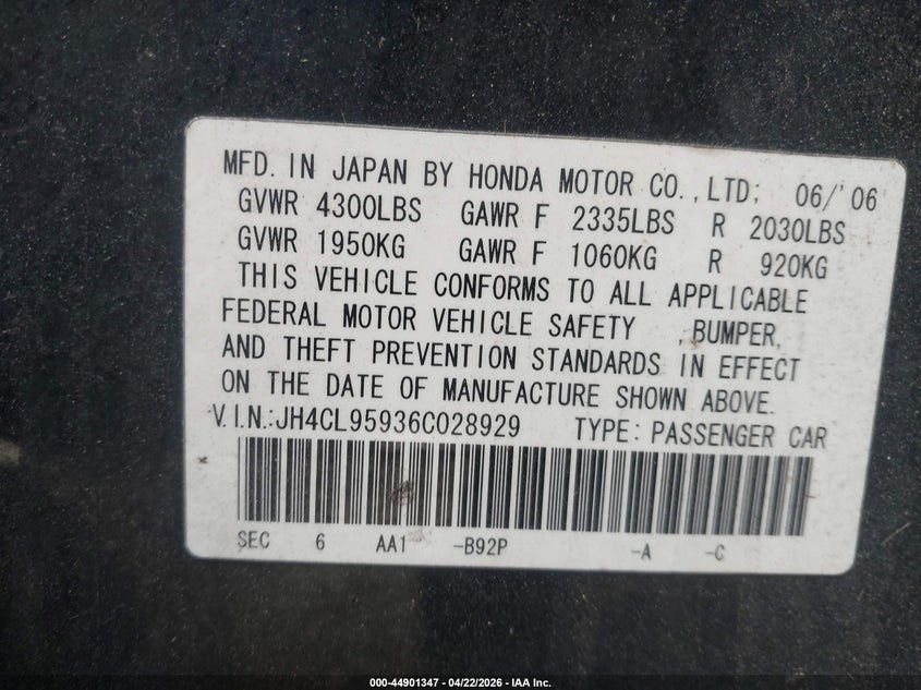 2006 Acura Tsx VIN JH4CL95936C028929 IAAI salvage auction — FRONT END, Salvage (Delaware), sold $675 on 2026-09-06 (photo 9)