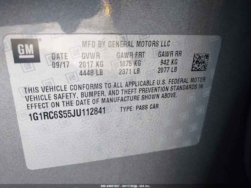 2018 Chevrolet Volt VIN 1G1RC6S55JU112841 IAAI salvage auction — FRONT END, Salvage Title, sold $350 on 2026-07-09 (photo 9)