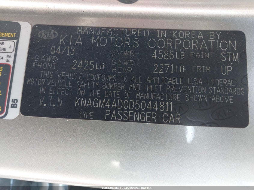 2013 Kia Optima VIN KNAGM4AD0D5044811 IAAI salvage auction — FRONT END, Rebuildable (Florida), sold $25 on 2026-07-21 (photo 9)