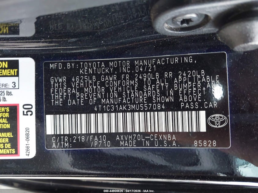 2021 Toyota Camry VIN 4T1C31AK3MU557084 IAAI salvage auction — BIOHAZARD/CHEMICAL, Salvage Title, sold $3,300 on 2026-07-09 (photo 9)