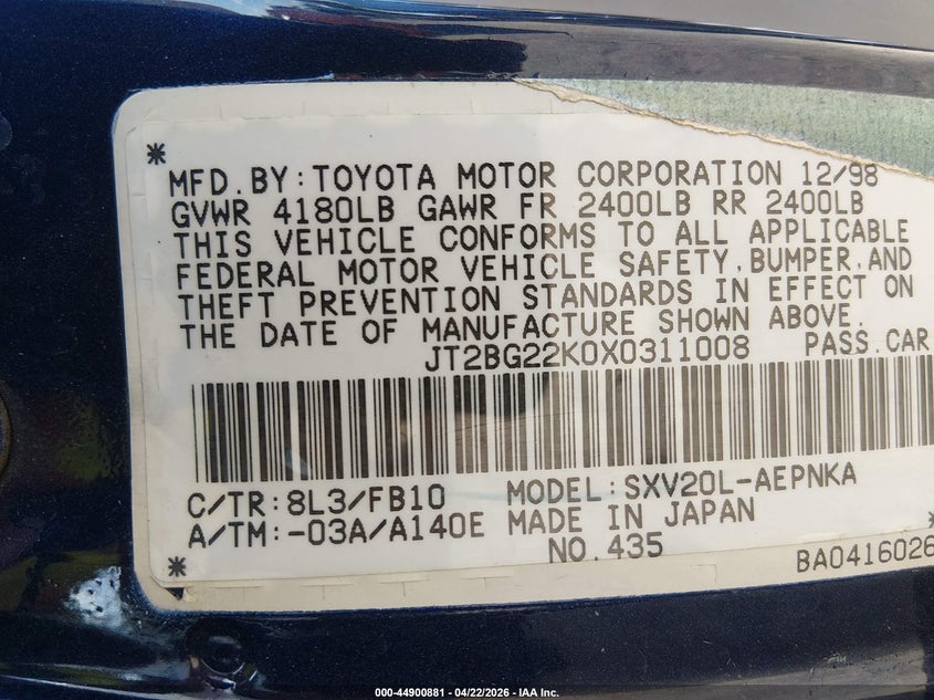 1999 Toyota Camry VIN JT2BG22K0X0311008 IAAI salvage auction — FRONT & REAR, Salvage (Tennessee), sold $225 on 2026-07-16 (photo 9)