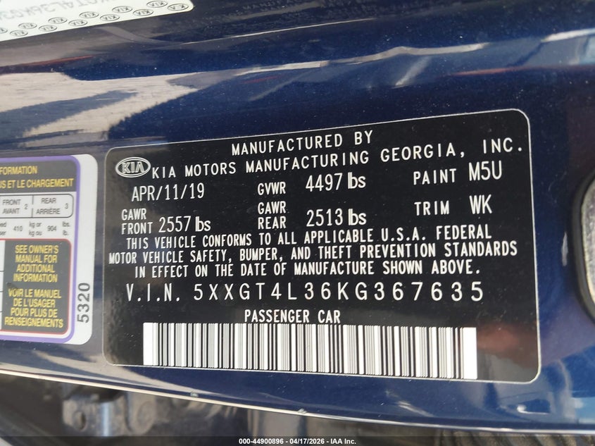 2019 Kia Optima VIN 5XXGT4L36KG367635 IAAI salvage auction — FRONT END, Wait Title, sold $1,050 on 2026-07-31 (photo 9)