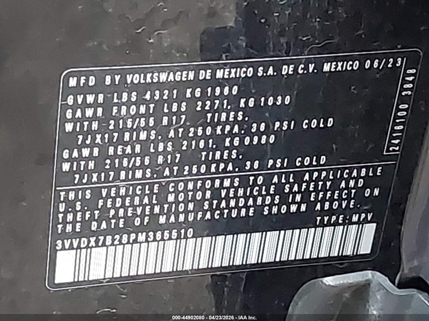 2023 Volkswagen Taos VIN 3VVDX7B28PM365510 IAAI salvage auction — SIDE, Salvage Title, sold $7,200 on 2026-09-02 (photo 9)