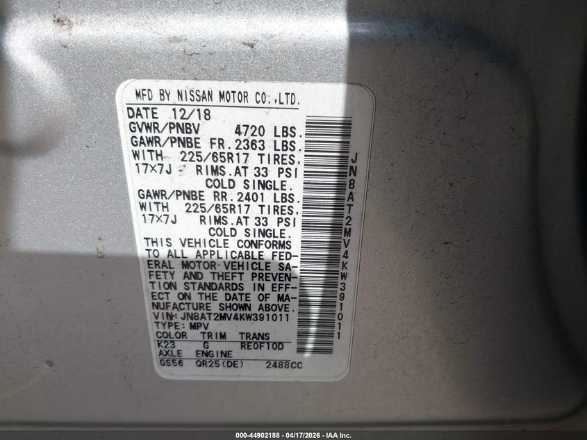 2019 Nissan Rogue VIN JN8AT2MV4KW391011 IAAI salvage auction — REAR END, Salvage (Alabama), sold $600 on 2026-07-28 (photo 9)