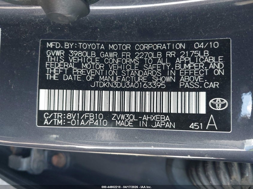 2010 Toyota Prius VIN JTDKN3DU3A0163395 IAAI salvage auction — RIGHT SIDE, Salvage (Pennsylvania), sold $800 on 2026-07-07 (photo 9)