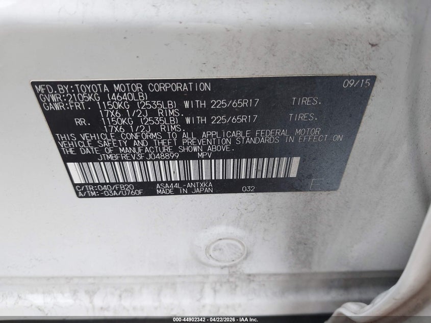 2015 Toyota Rav 4 VIN JTMBFREV3FJ048899 IAAI salvage auction — REAR END, Salvage (Massachusetts), sold $2,800 on 2026-07-10 (photo 9)