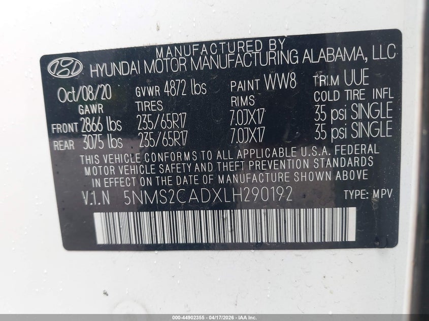 2020 Hyundai Santa fe VIN 5NMS2CADXLH290192 IAAI salvage auction — FRONT END, Wait Title, sold $4,975 on 2026-09-11 (photo 9)