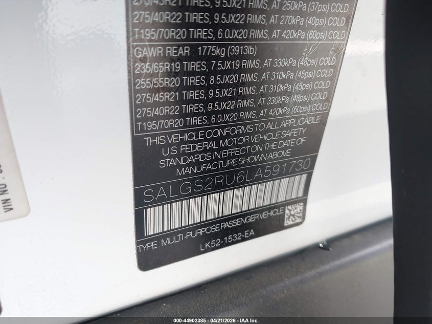 2020 Land rover RANGE ROVER VIN SALGS2RU6LA591730 IAAI salvage auction — FRONT & REAR, Salvage Title, sold $21,400 on 2026-07-29 (photo 9)
