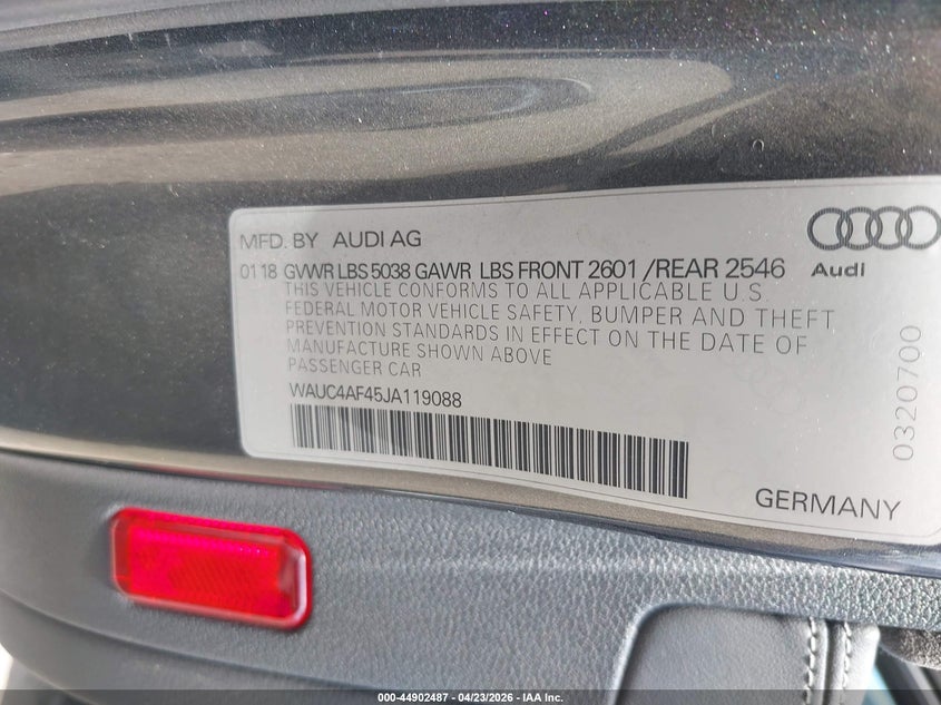 2018 Audi S4 VIN WAUC4AF45JA119088 IAAI salvage auction — REAR END, Wait Title, sold $11,200 on 2026-08-08 (photo 9)
