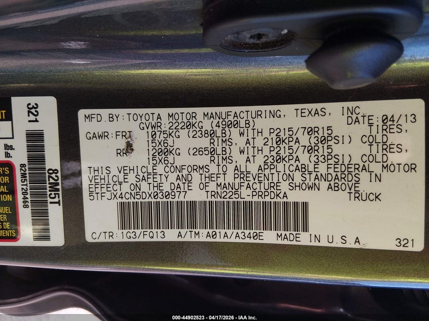 2013 Toyota Tacoma VIN 5TFJX4CN5DX030977 IAAI salvage auction — LEFT SIDE, Clear (Hawaii), sold $3,250 on 2026-07-28 (photo 9)