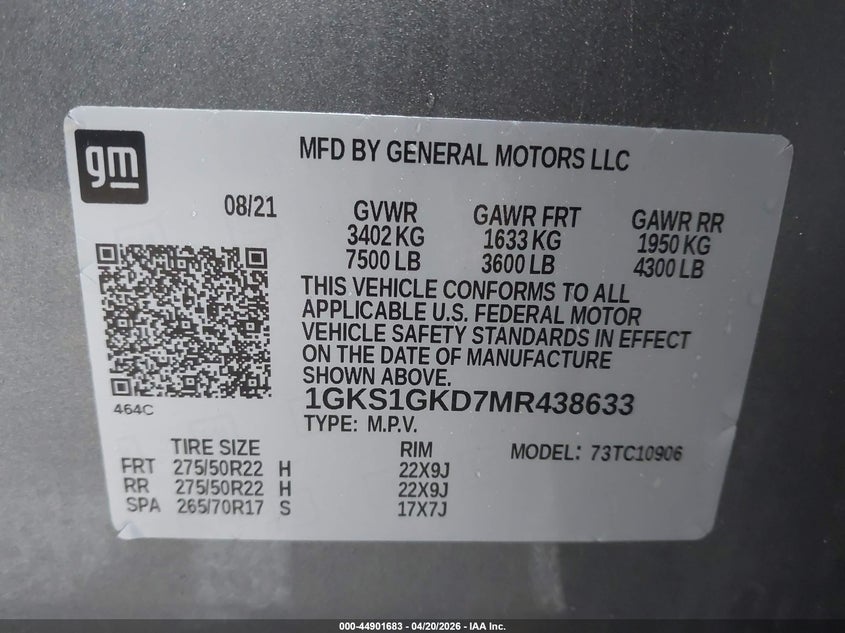 2021 Gmc Yukon VIN 1GKS1GKD7MR438633 IAAI salvage auction — RIGHT SIDE, Original (Texas), sold $18,500 on 2026-07-28 (photo 9)