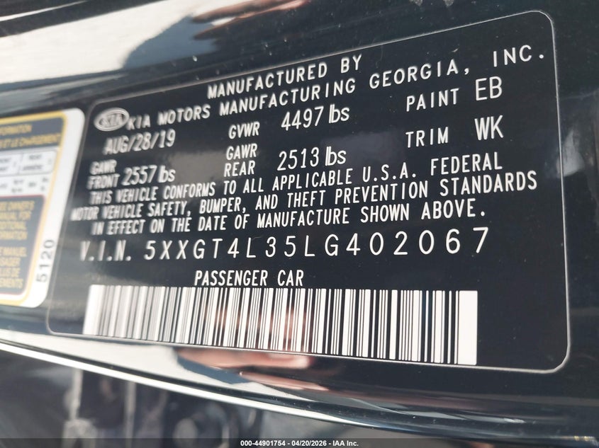 2020 Kia Optima VIN 5XXGT4L35LG402067 IAAI salvage auction — FRONT END, Salvage (Iowa), sold $1,250 on 2026-07-28 (photo 9)