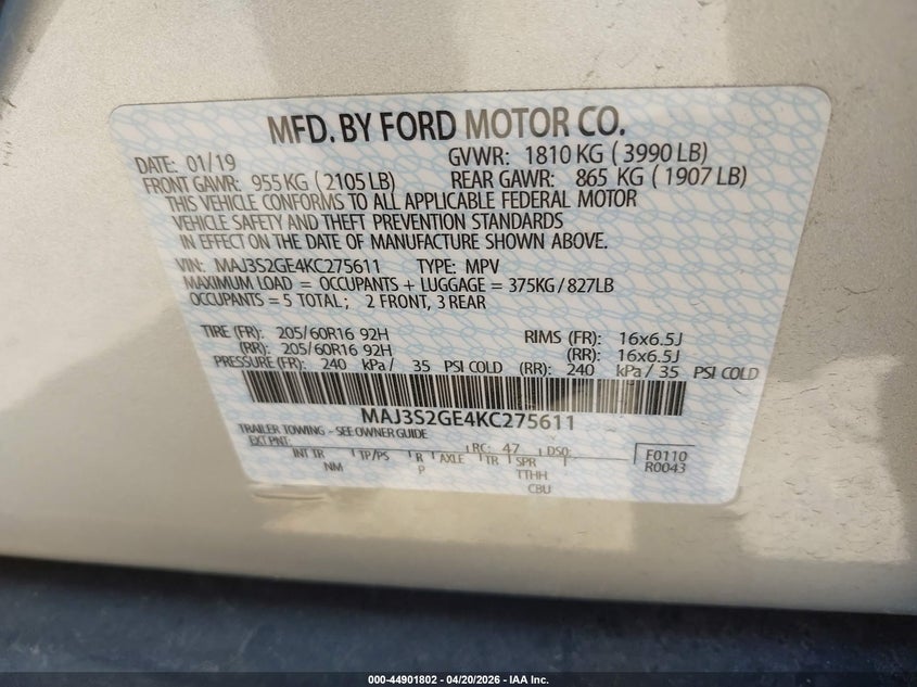 2019 Ford Ecosport VIN MAJ3S2GE4KC275611 IAAI salvage auction — FRONT END, Salvage Title, sold $750 on 2026-07-22 (photo 9)