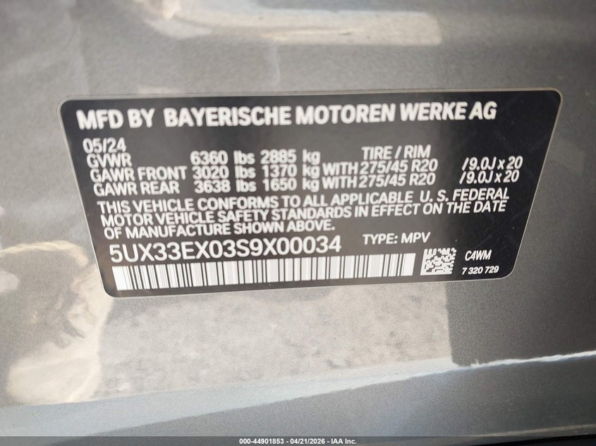 2025 BMW X6 VIN 5UX33EX03S9X00034 IAAI salvage auction — REAR END, Wait Title, sold $42,675 on 2026-07-20 (photo 9)