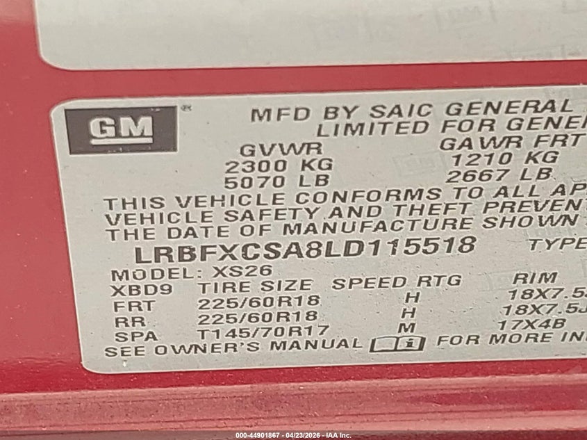 2020 Buick Envision VIN LRBFXCSA8LD115518 IAAI salvage auction — NORMAL WEAR, Original (Texas), sold $8,500 on 2026-07-31 (photo 9)