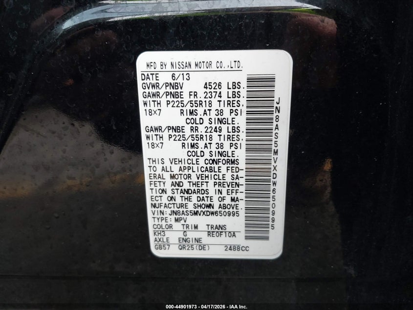 2013 Nissan Rogue VIN JN8AS5MVXDW650995 IAAI salvage auction — FRONT END, Salvage Title, sold $600 on 2026-07-20 (photo 9)
