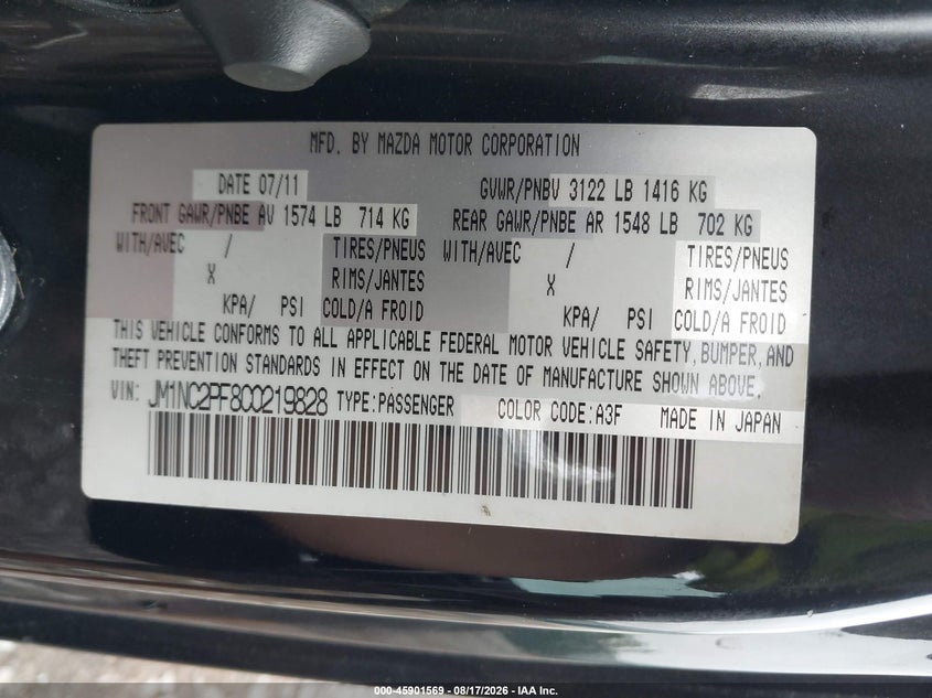 2012 Mazda Mx-5 VIN JM1NC2PF8C0219828 IAAI salvage auction — NORMAL WEAR, Clear (New York), sold $7,000 on 2026-08-25 (photo 9)