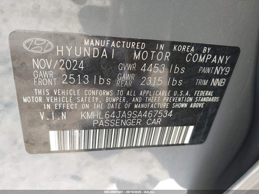 2025 Hyundai Sonata VIN KMHL64JA9SA467534 IAAI salvage auction — LEFT FRONT, Enterprise Vehicles Clear Only (Florida), sold $15,300 on 2026-08-20 (photo 9)