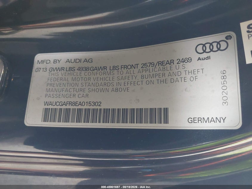 2014 Audi S5 VIN WAUCGAFR8EA015302 IAAI salvage auction — RIGHT SIDE, Salvage Title, sold $3,475 on 2026-09-10 (photo 9)