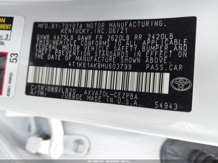 2021 Toyota Camry VIN 4T1K61AK8MU603799 IAAI salvage auction — LEFT REAR, Salvage Certificate (California), sold $10,500 on 2026-08-24 (photo 9)