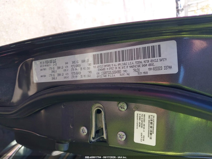 2018 Ram 1500 VIN 1C6RR7GG5JS264983 IAAI salvage auction — FRONT END, Salvage Certificate (California), sold $5,400 on 2026-09-13 (photo 9)