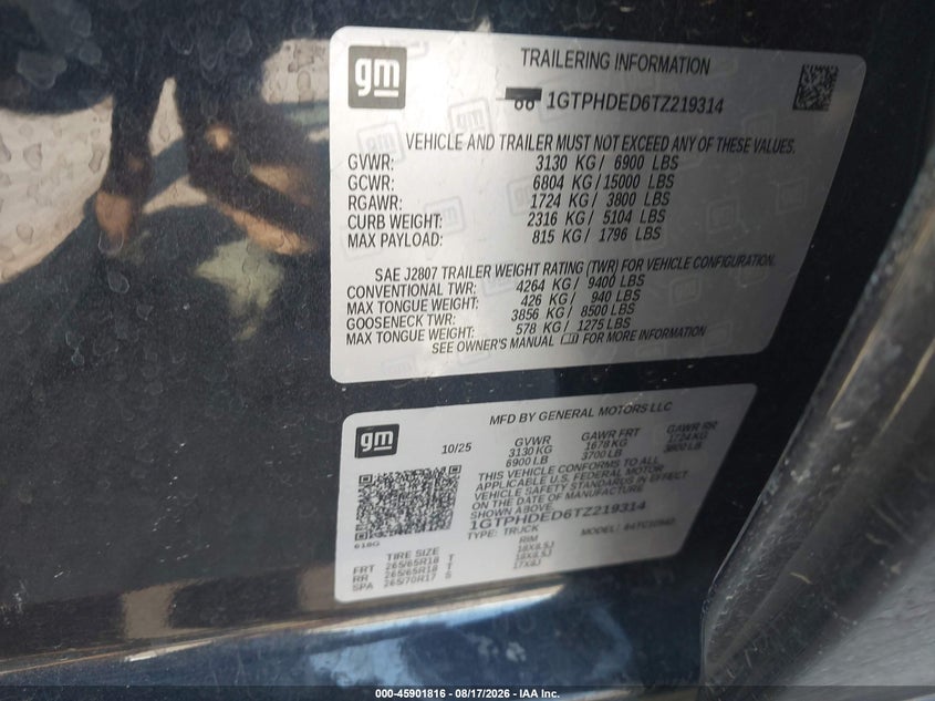2026 Gmc SIERRA VIN 1GTPHDED6TZ219314 IAAI salvage auction — FRONT & REAR, Enterprise Vehicles Clear Only (Florida), sold $25,150 on 2026-08-19 (photo 9)