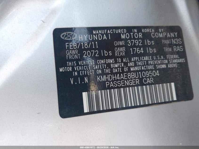 2011 Hyundai Elantra VIN KMHDH4AE8BU109504 IAAI salvage auction — REAR END, Salvage (Arizona), sold $1,150 on 2026-08-29 (photo 9)