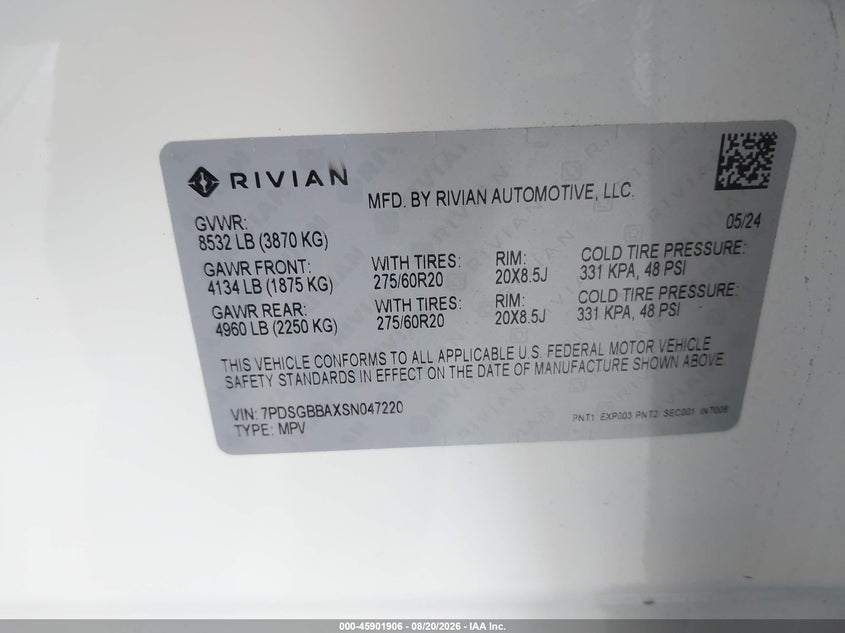 2025 Rivian R1s VIN 7PDSGBBAXSN047220 IAAI salvage auction — FRONT END, Wait Title, sold $27,550 on 2026-09-10 (photo 9)