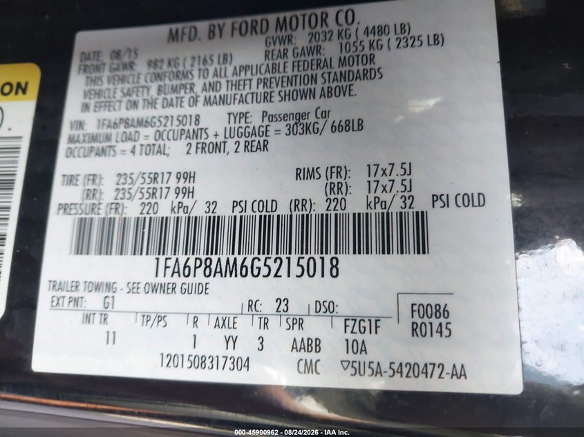 2016 Ford Mustang VIN 1FA6P8AM6G5215018 IAAI salvage auction — Rear, Salvage, sold $5,450 on 2026-10-12 (photo 9)