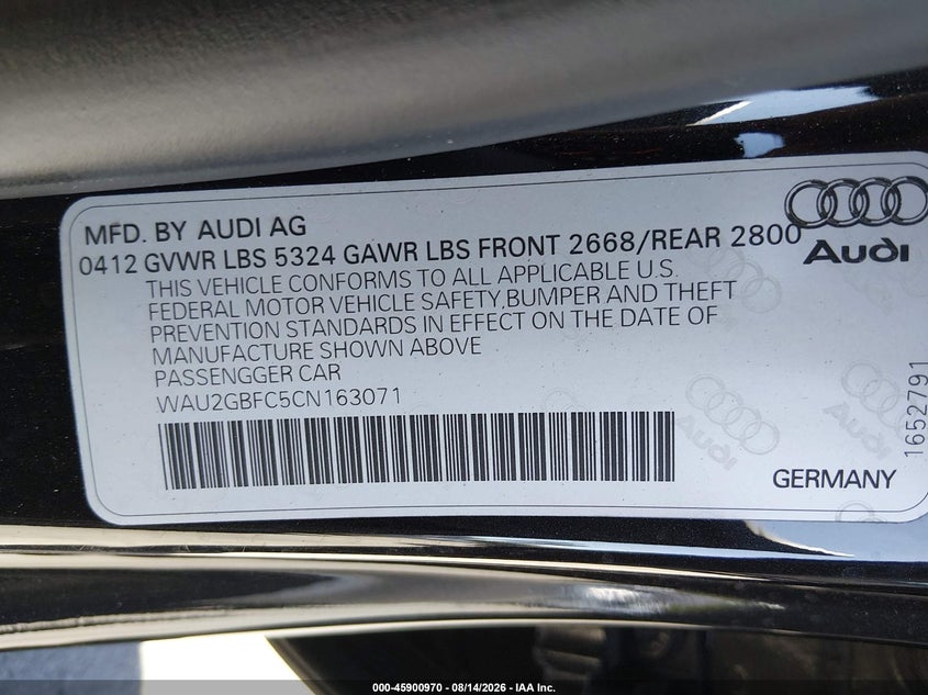 2012 Audi A7 VIN WAU2GBFC5CN163071 IAAI salvage auction — NORMAL WEAR, Wait Title, sold $2,525 on 2026-09-12 (photo 9)